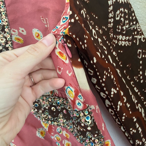 batik boho chiffon silk beaded top bohemian v neck blouse - Picture 6 of 16